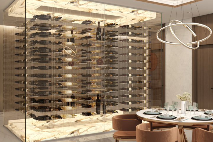 Glass-enclosed floating wine racks